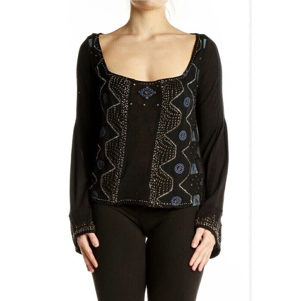 Free People Beaded Top Small Embroidered Blue Black Metallic Wide Sleeves